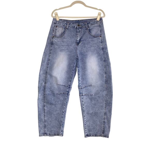 High Rise Barrel Jean Women L Blue Trendy Slouchy Grunge Boho Stretch Everyday - Picture 1 of 11